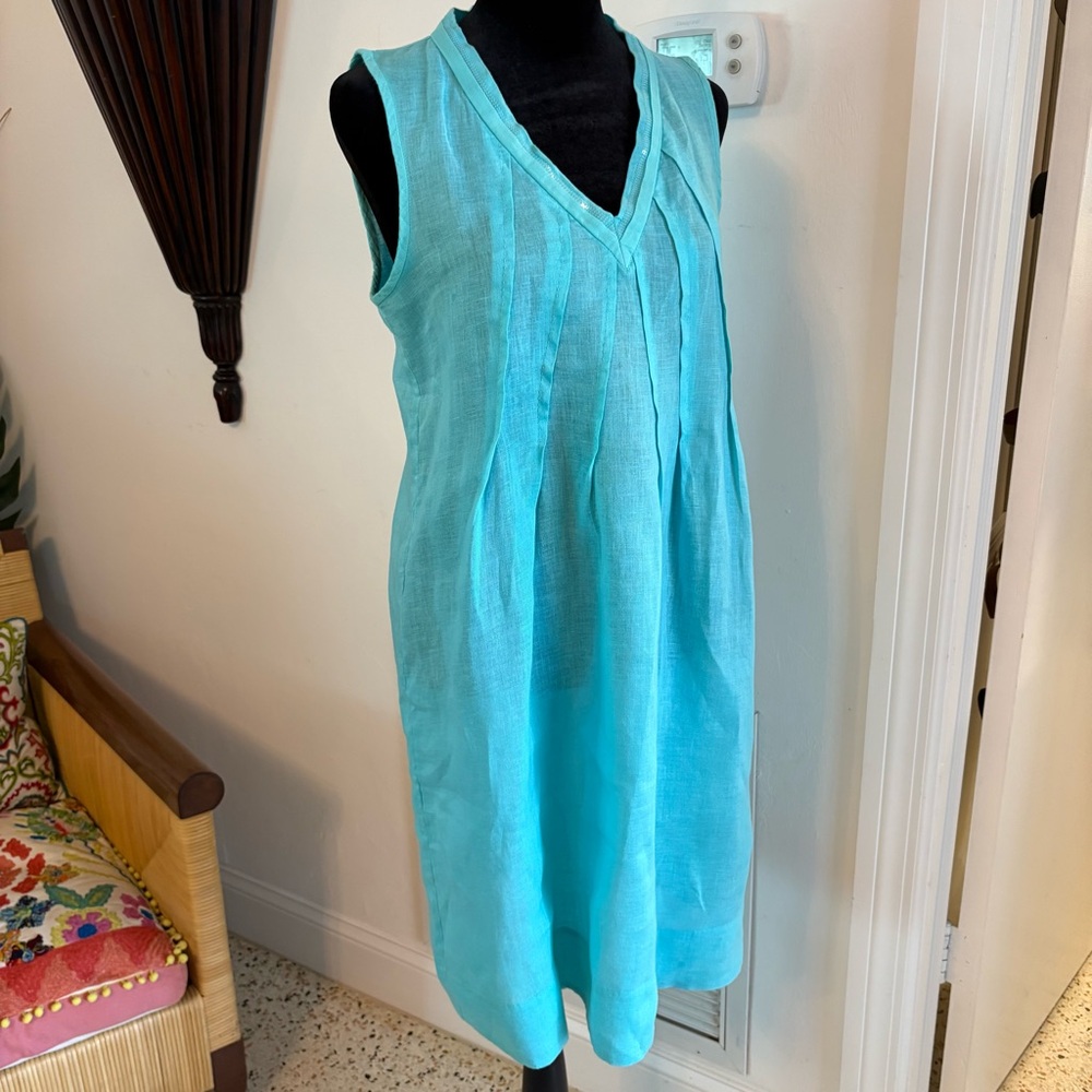 120% LINO Solid Turquoise Sleeveless Dress! Neckline V with Quiet Sequins! Excel